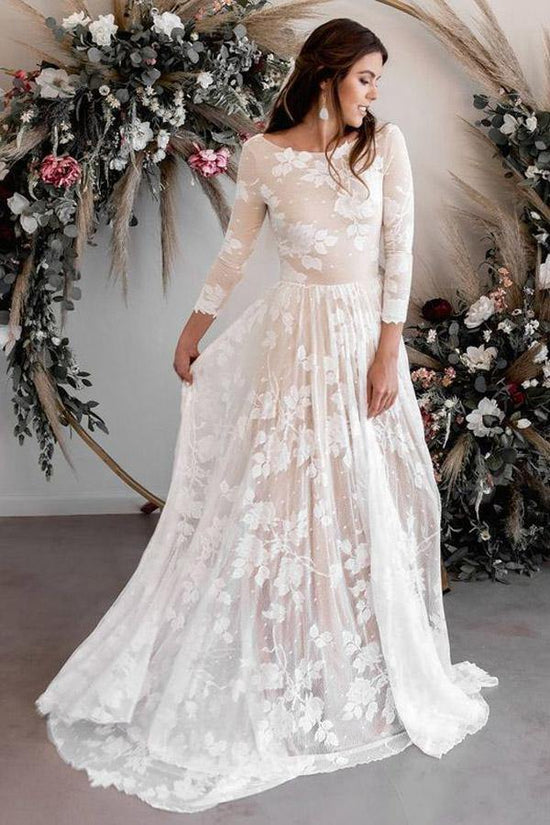 A Line Long Sleeve Wedding Dress V Back Rustic Bridal Gown