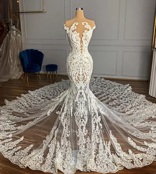 Charming Long Mermaid Jewel Tulle Lace Backless Bridal Wedding Dress