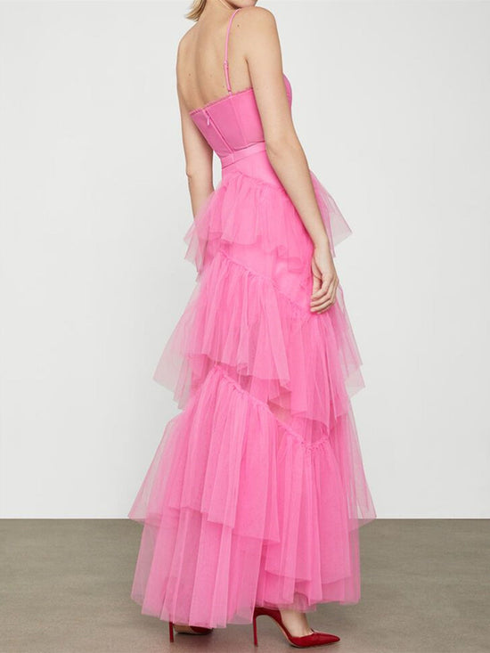 Elegant Open Back Layered Hot Pink Tulle Long Prom Dresses, Hot Pink Tulle Formal Graduation Evening Dresses 
