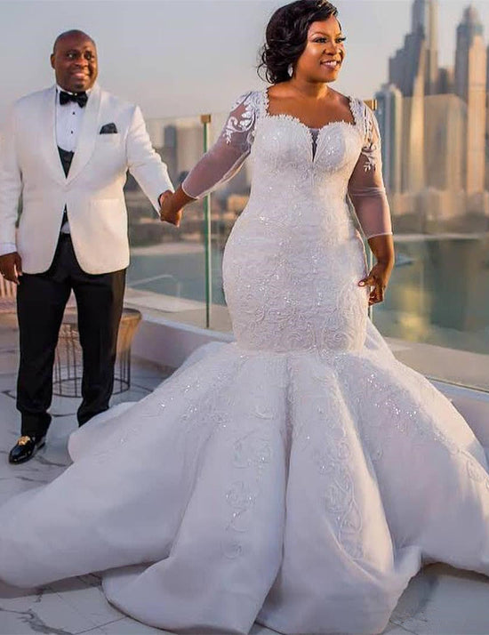Gorgeous White Mermaid Beads 3/4-length Sleeves Wedding Dress | Plus Size Bridal Gown
