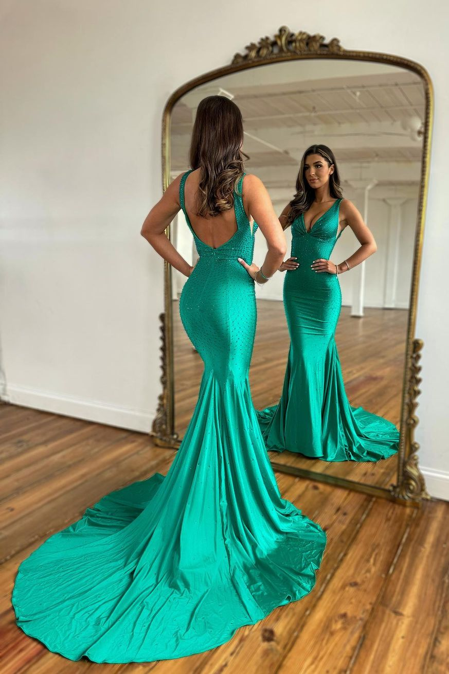 Green Prom Dress with Wide Shoulder V Neck Long Mermaid Style and Bead Embellishments
