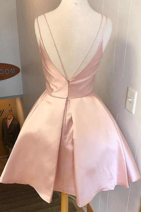 Pink Satin V-neck Straps Homecoming Dresses