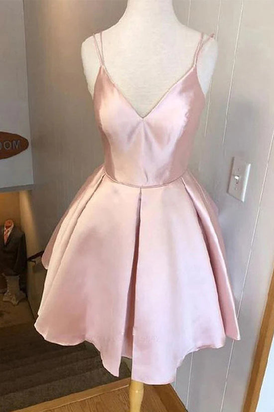 Pink Satin V-neck Straps Homecoming Dresses