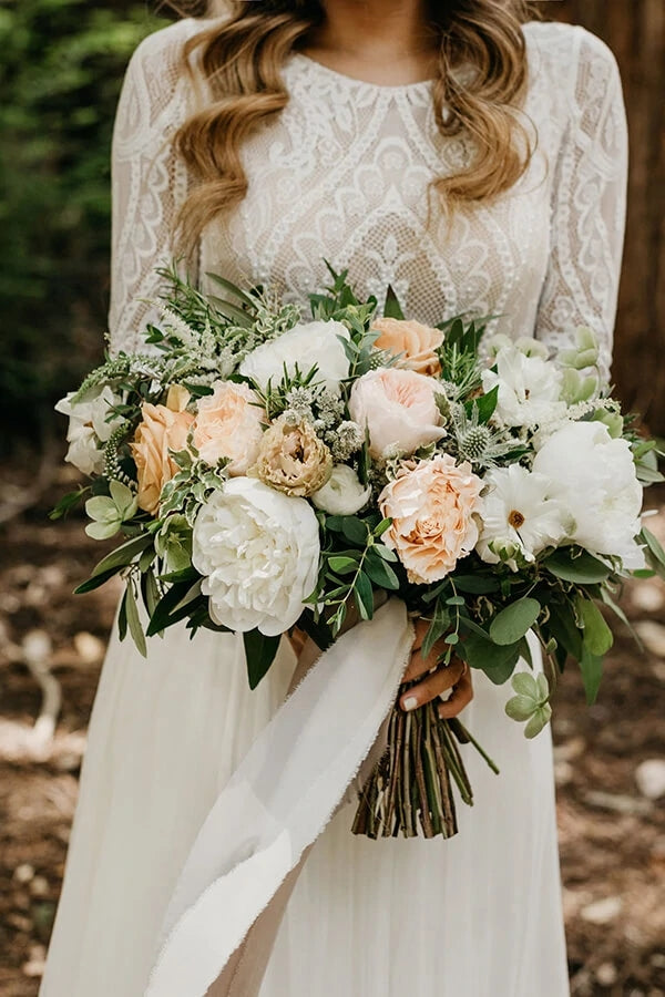 Romantic Ivory Chiffon Long Sleeve Wedding Dress Lace Bridal Gown