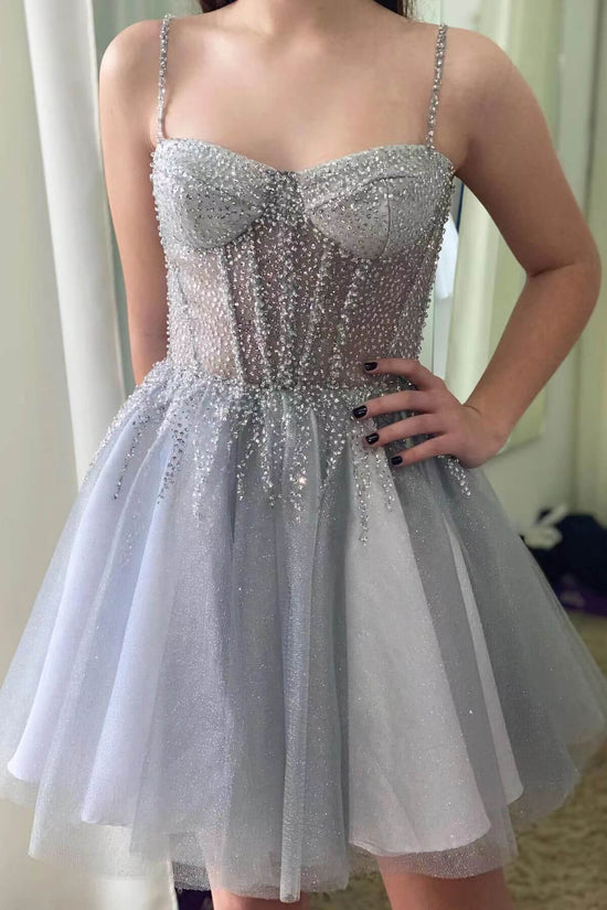 Sequined Silver Gray Sleeveless Tulle Homecoming Dress