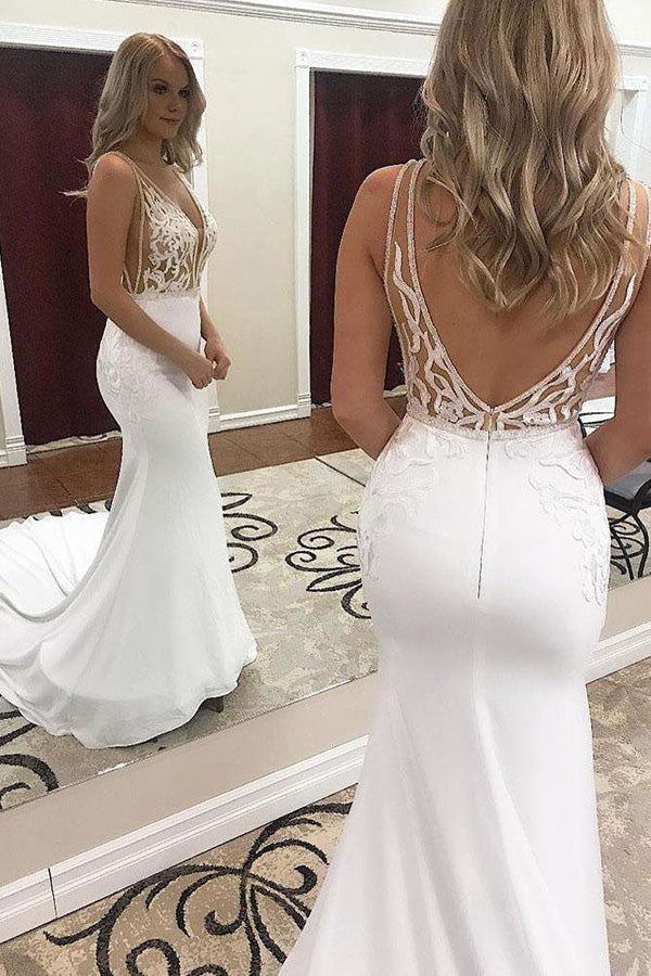 Sexy Deep V Neck Lace Appliques Wedding Dress Bridal Gown