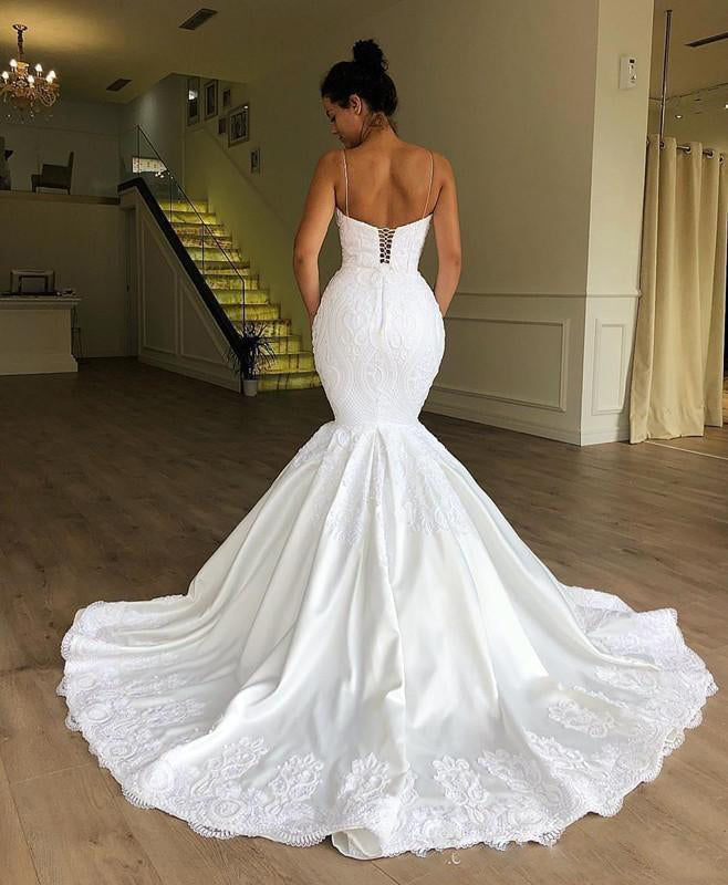 Sweetheart Spaghetti Straps Lace Mermaid Wedding Dress Mermaid Bridal Gown
