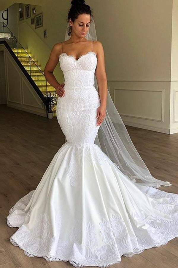 Sweetheart Spaghetti Straps Lace Mermaid Wedding Dress Mermaid Bridal Gown