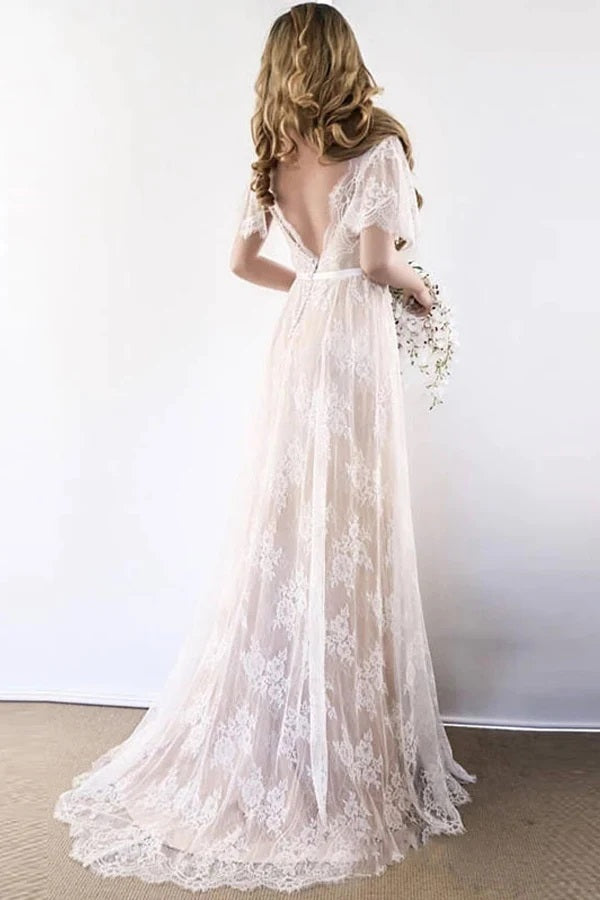 White Lace A Line Open Back Long Wedding Dress Romantic Bridal Gown