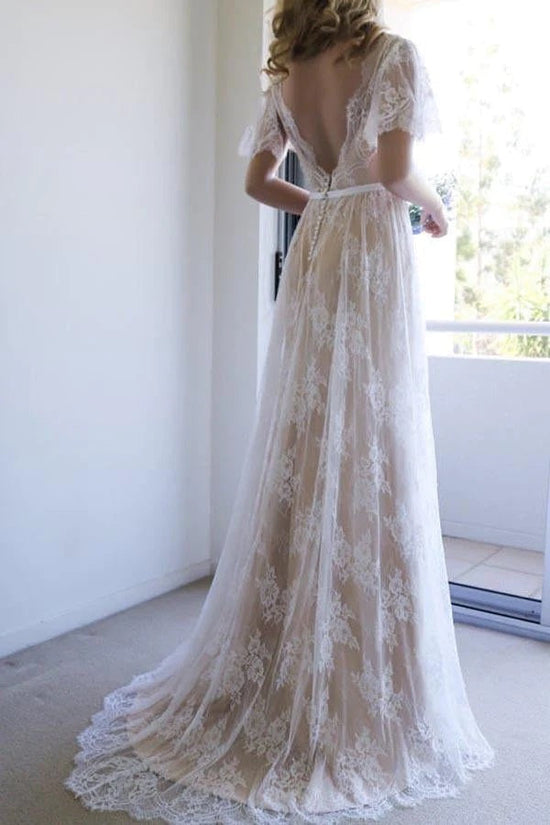 White Lace A Line Open Back Long Wedding Dress Romantic Bridal Gown