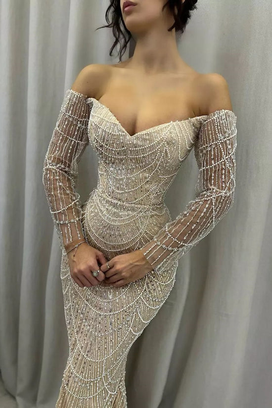 Off-the-Shoulder Mermaid Long Sleeve Prom Dresses |  Sequins Beadings Long Evening Gowns with Pearls
