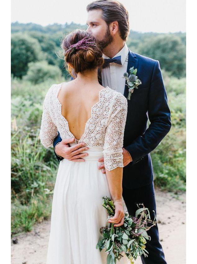 A Line 34 Sleeve Chiffon Wedding Dress Rustic Lace Top Bridal Dress