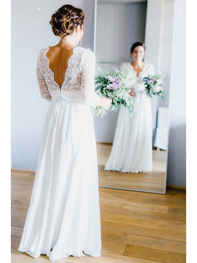 A Line 34 Sleeve Chiffon Wedding Dress Rustic Lace Top Bridal Dress