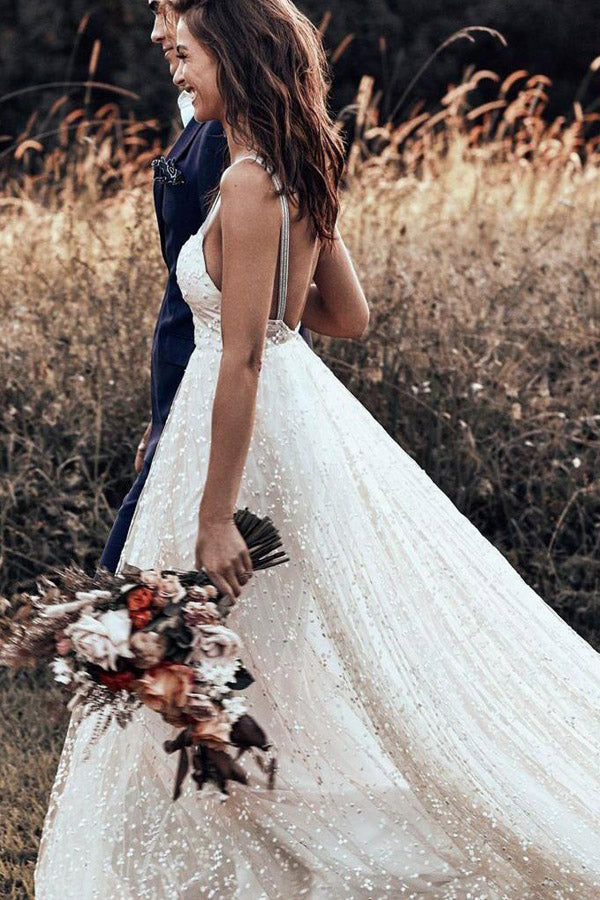 A Line Backless Ivory Lace Wedding Dress
