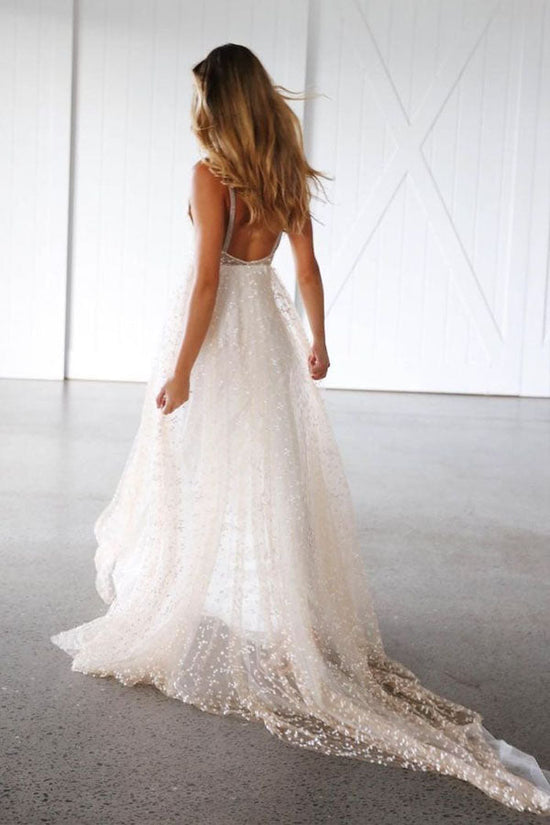 A Line Backless Ivory Lace Wedding Dress