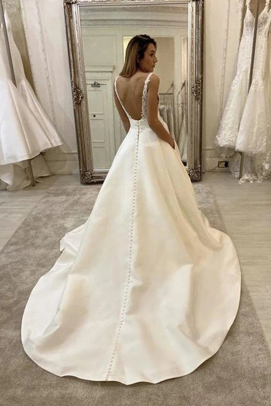 A Line Backless Ivory Satin Wedding Dress