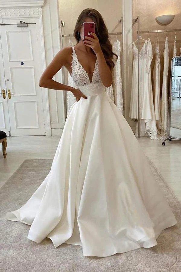 A Line Backless Ivory Satin Wedding Dress