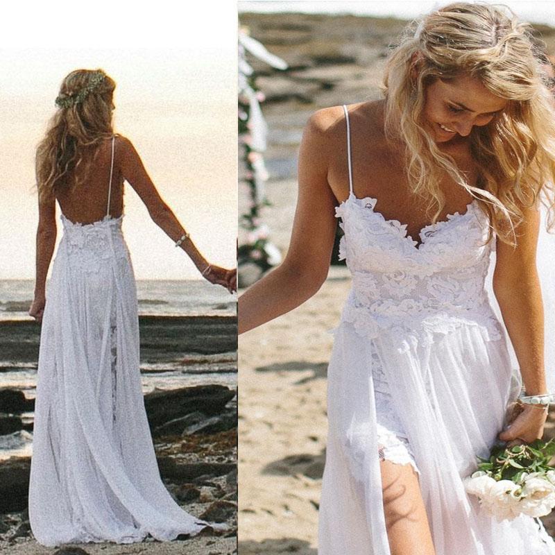 Load image into Gallery viewer, A Line Backless Lace Beach Wedding Dress Backless Bridal Gown
