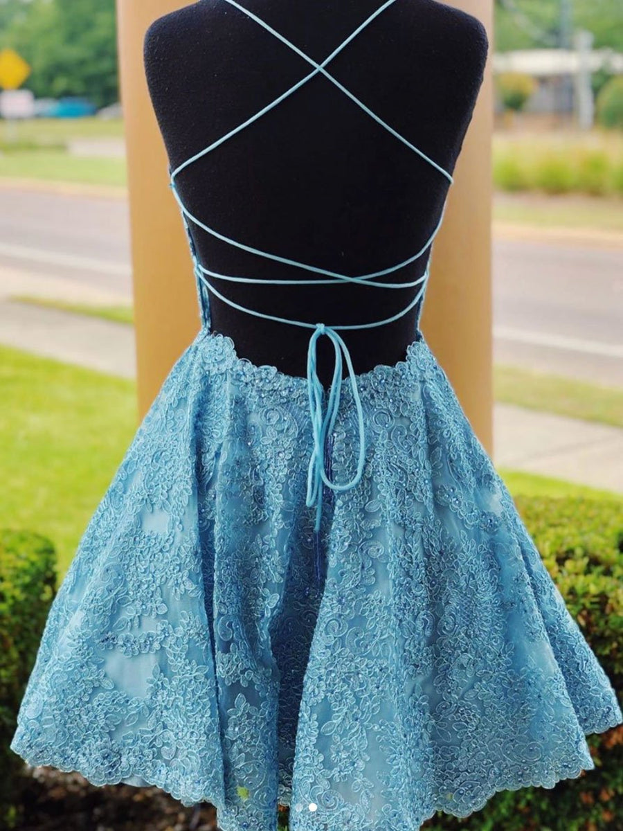 A Line Backless Lace Blue Short Prom Dresses Homecoming Dresses, Backless Blue Lace Formal Graduation Evening Dresses