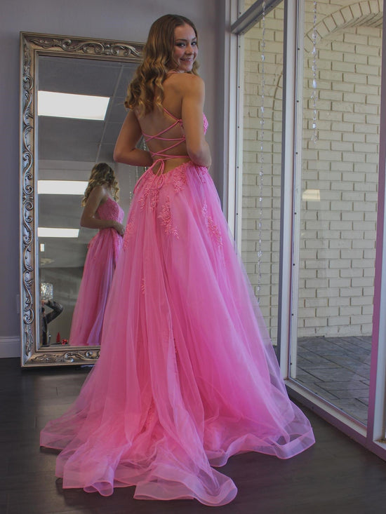 A Line Backless Pink Lace Long Prom Dresses with High Slit, Backless Pink Formal Dresses, Pink Lace Evening Dresses 