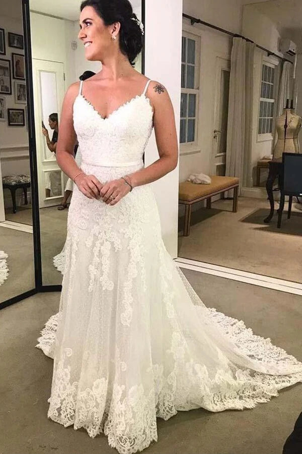 A Line Backless Polka Dot Lace Wedding Dress