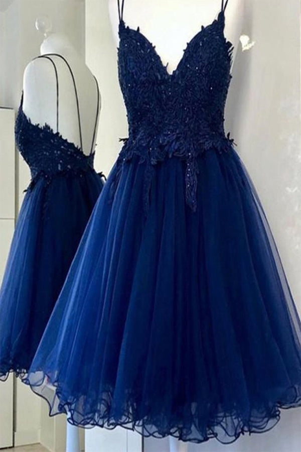 A Line Backless Homecoming Dress Blue Lace Short Prom Dress