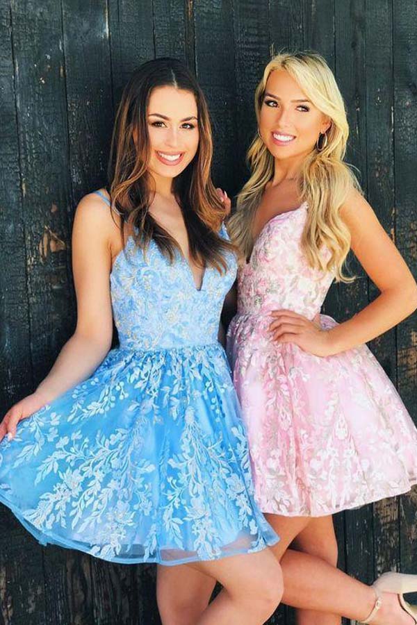 A Line Blue Lace Short Homecoming Dress WD190