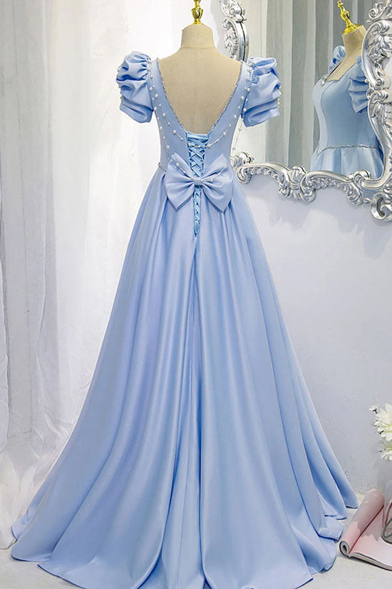 A Line Blue Satin Long Prom Dress Beaded Evening Dress