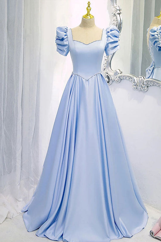 A Line Blue Satin Long Prom Dress Beaded Evening Dress