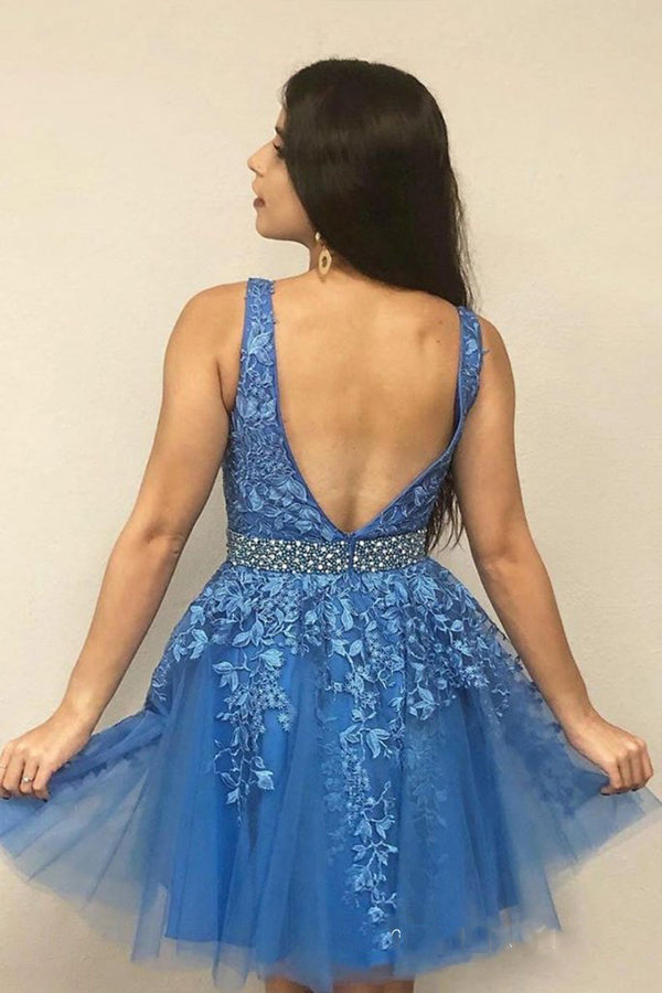A line Blue Tulle Short Homecoming Dress With Rhinestone