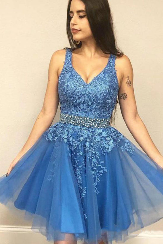 A line Blue Tulle Short Homecoming Dress With Rhinestone