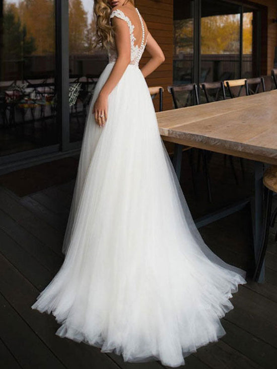A Line Cap Sleeve Tulle  Lace Long Wedding Dress Ivory Bridal Gown