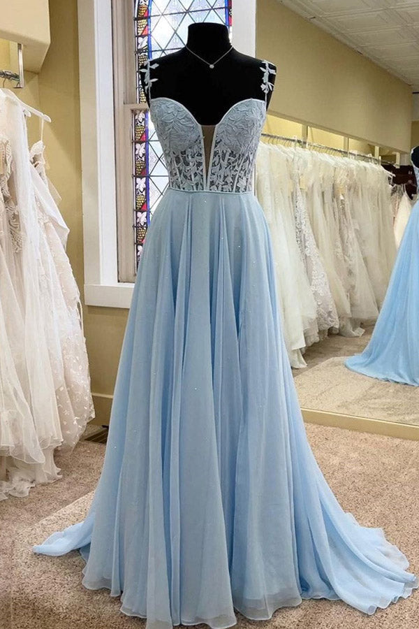 A Line Chiffon Long Prom Dress With Lace Bodice