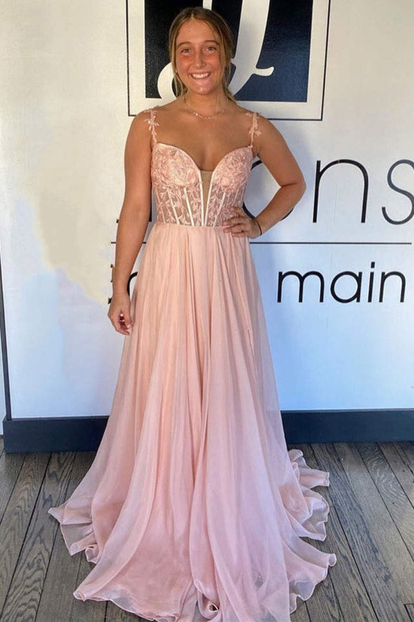 A Line Chiffon Long Prom Dress With Lace Bodice