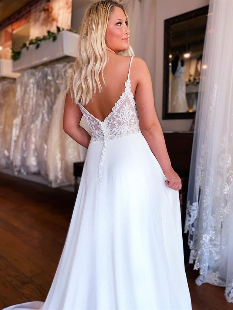 A Line Deep V Neck White Lace Wedding Dress