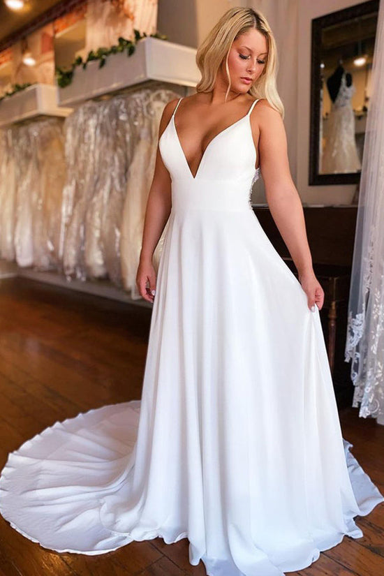 A Line Deep V Neck White Lace Wedding Dress