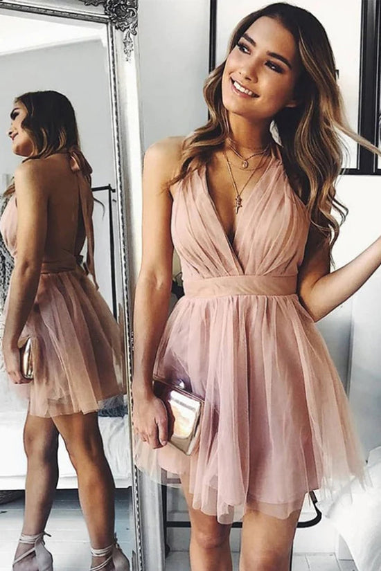A Line Deep V Neck Pink Tulle Short Homecoming Dress