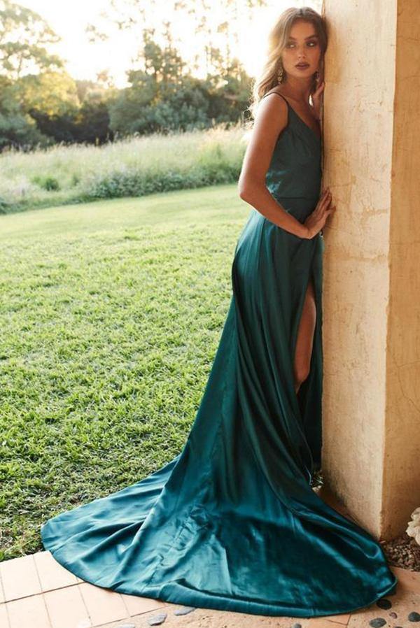 A Line Emerald Green Satin Long Prom Dress High Slit