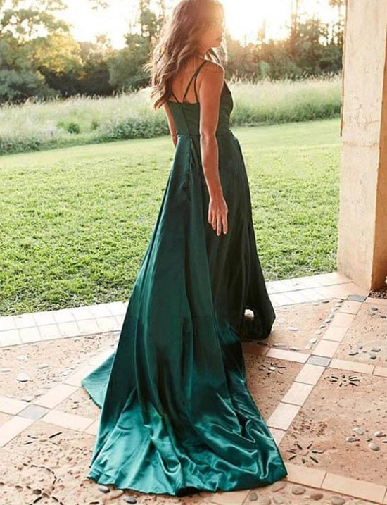 A Line Emerald Green Satin Long Prom Dress High Slit