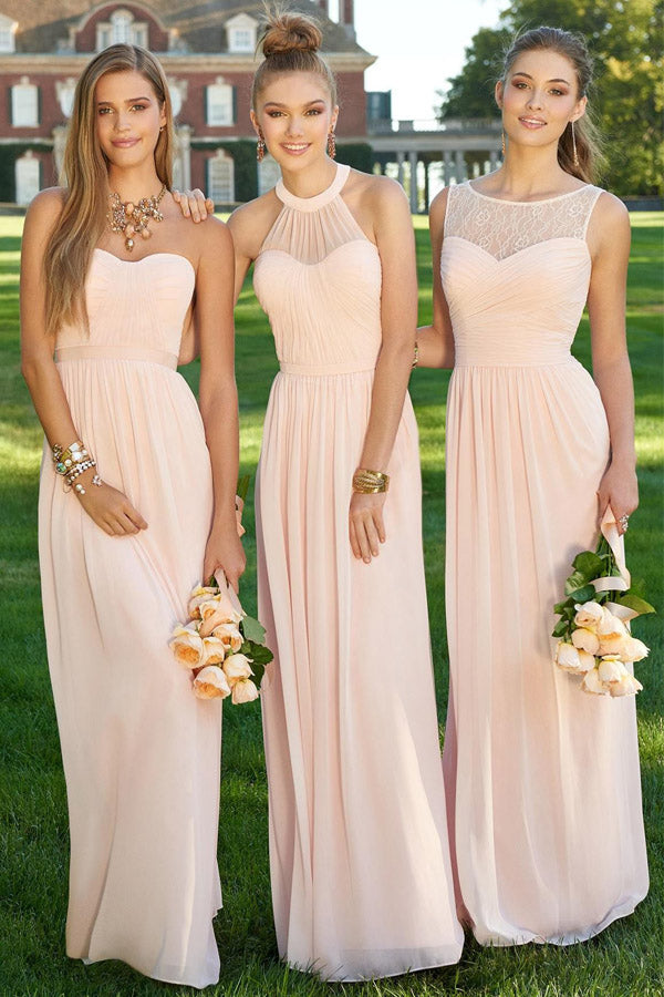 A-line Floor Length Blush Pink Chiffon Bridesmaid Dresses