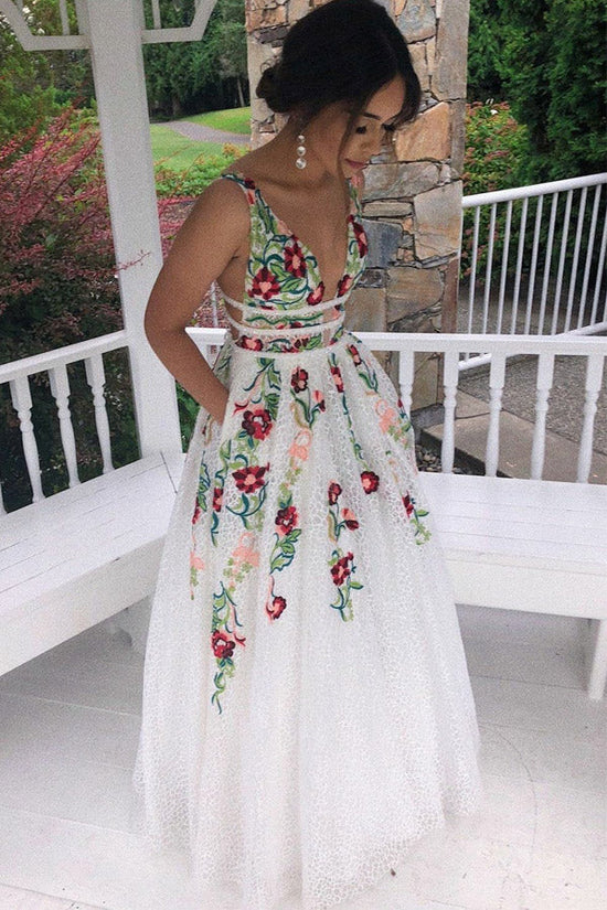 A Line Floral Embroidery Lace Prom Dress Backless Party Dress