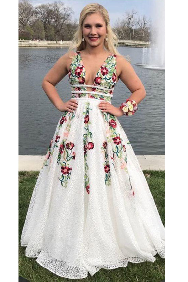 A Line Floral Embroidery Lace Prom Dress Backless Party Dress