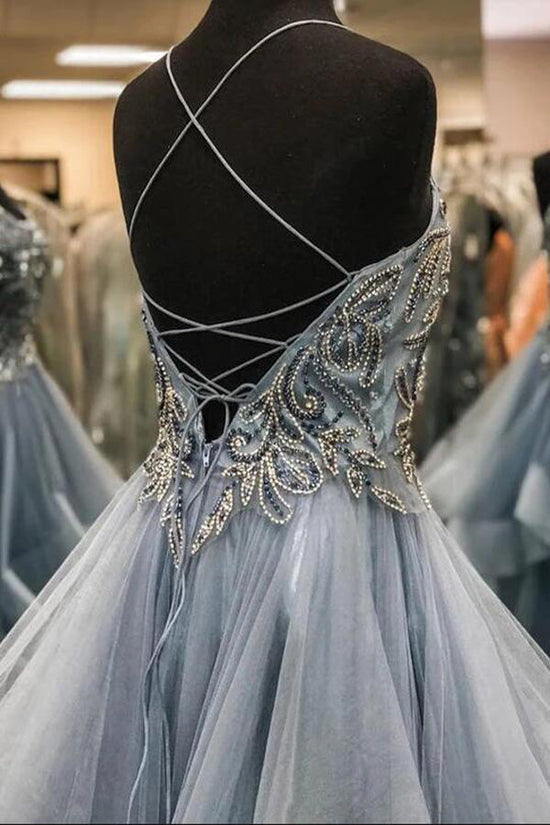 A Line Gray Organza Beaded Prom Dress With Ruffles