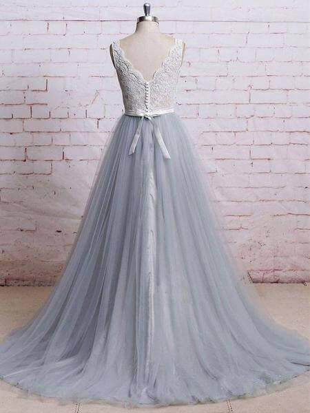 A-line Gray Tulle Lace Wedding Dress Long Formal Dress