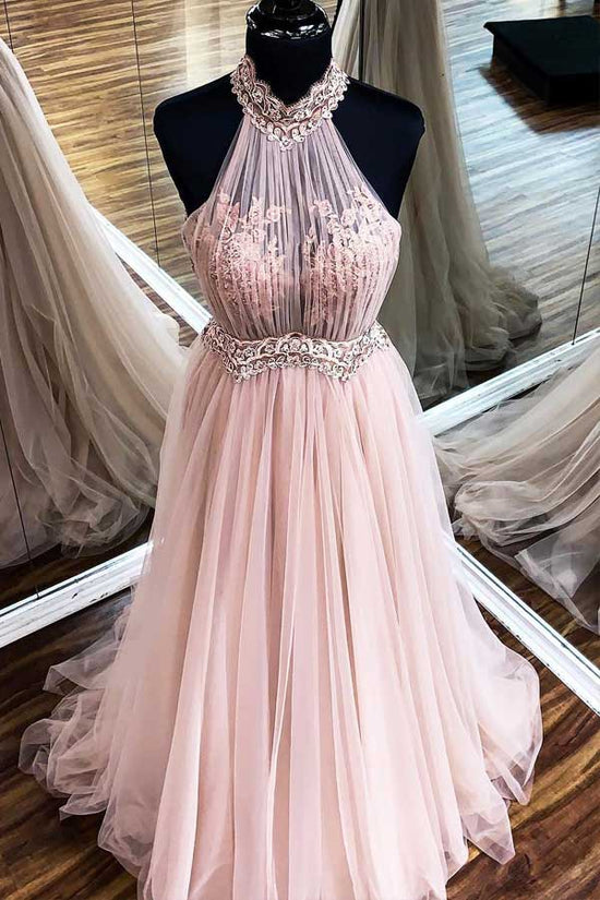 A Line Halter Blush Pink Tulle Prom Dress With Lace