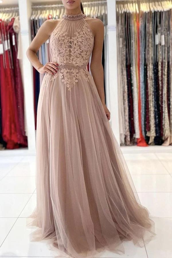 A Line Halter Blush Pink Tulle Prom Dress With Lace