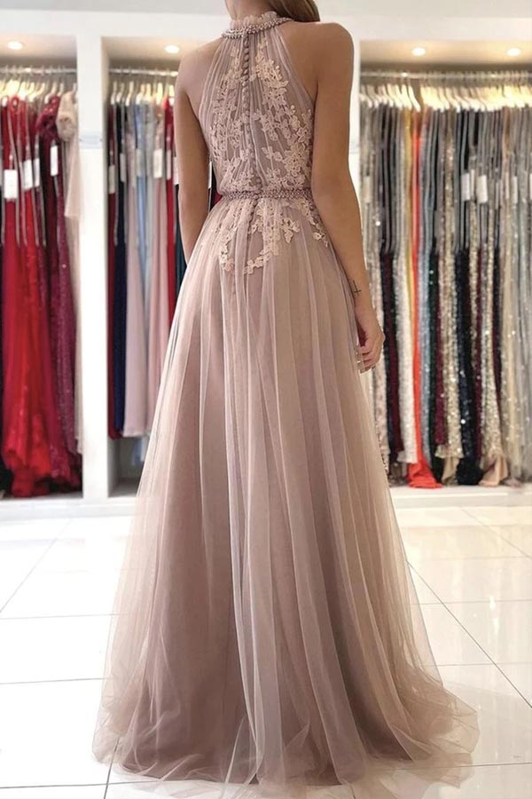 mA Line Halter Blush Pink Tulle Prom Dress With Lace
