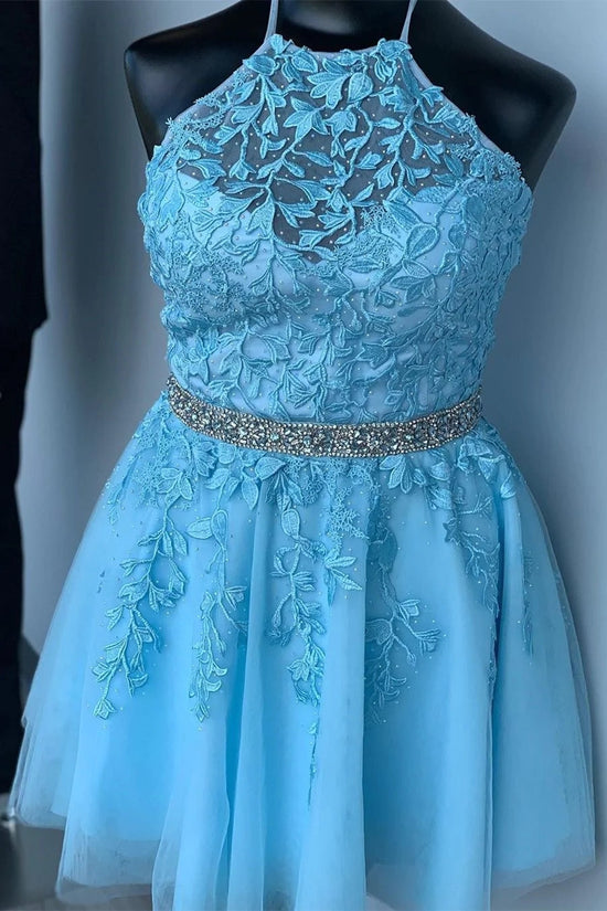 A Line Halter Lace Appliques Short Homecoming Dress With Beading