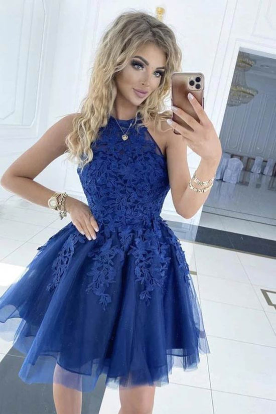 A-Line Halter Neckline Lace Homecoming Dress