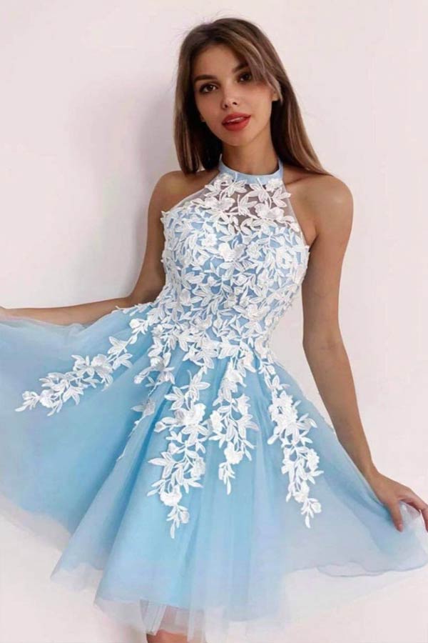 A-Line Halter Neckline Lace Homecoming Dress
